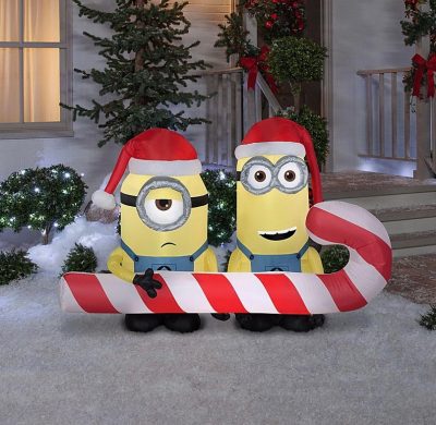 Gemmy 6' Airblown Inflatbale Minions Carrying Candy Cane Scene