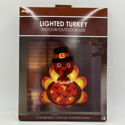 Lighted Thanksgiving Turkey with Pilgrim Hat Window Decoration