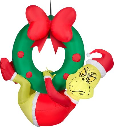 Gemmy Inflatable Grinch Hanging from Wreath Dr. Seuss