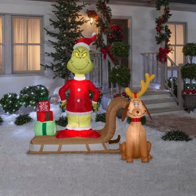 Gemmy Christmas Inflatable Grinch and Max Sled Scene