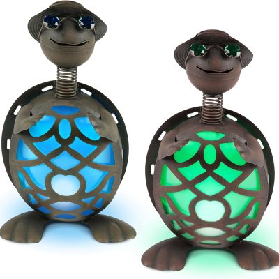 LED Solar Turtles with Brown Rustic Finish and Gem Eyes Garden Decor